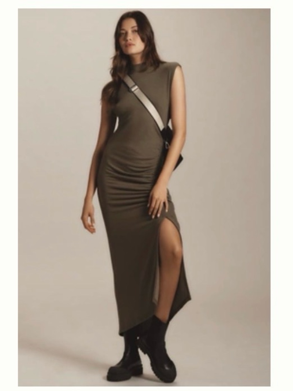 Anthropologie Olive Green Mock-Neck Ruched Side-Slit Midi Dress